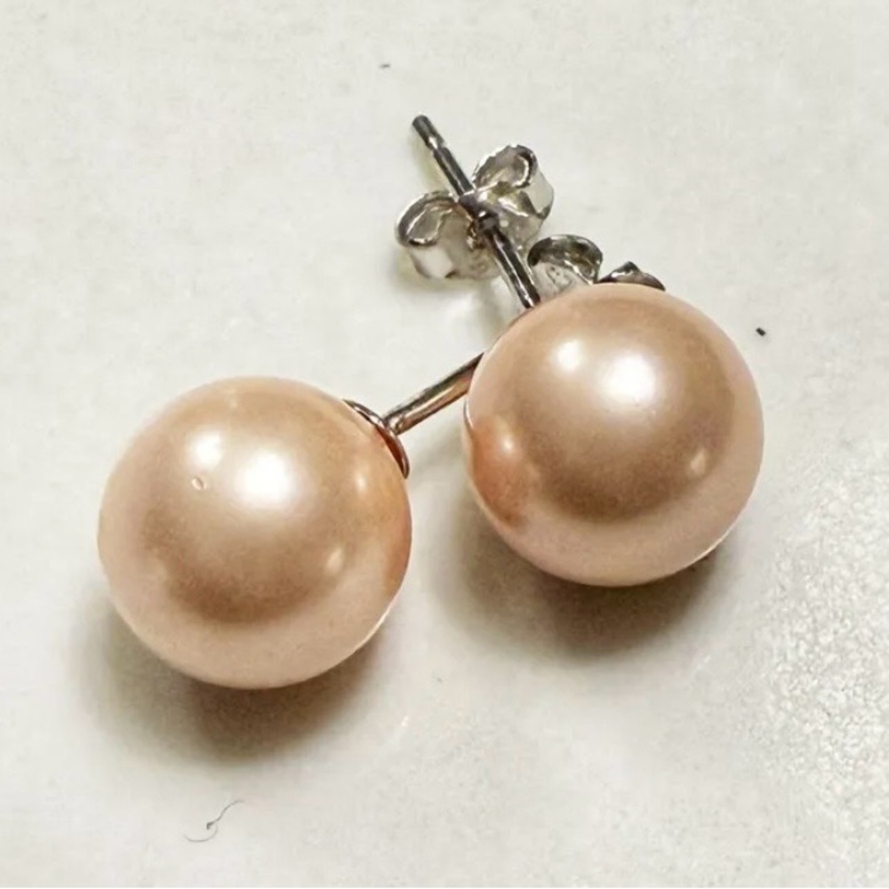 NWT Elegant 8MM Pink Pearl Like Stud Earrings Set In 925 Sterling Silver